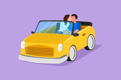 Character flat drawing of romantic couple riding car going on road trip. Ma.. Ilustração Stock