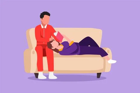 Character flat drawing romantic couple sitting together on couch is taking .. Stock Illustration