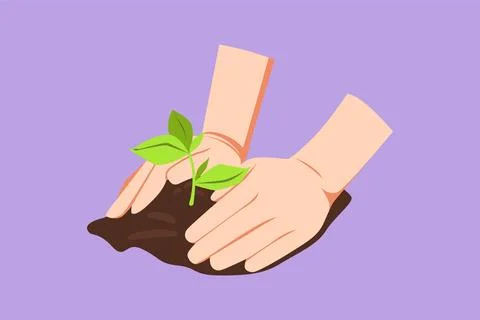 Character flat drawing side view of planting young tree by kid hand on back.. Stock Illustration