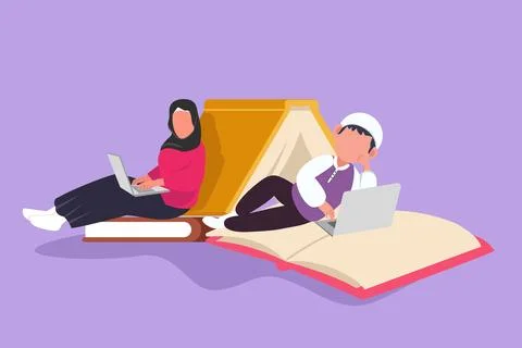 Character flat drawing smart Arab couple with laptop computer leaning on pi.. Stock Illustration
