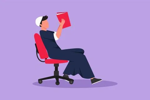 Character flat drawing smart boy reads book in chair. Side view of exiting .. Stock-Illustration