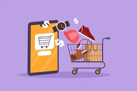 Character flat drawing smartphone and shopping cart with products purchased.. Stock Illustration