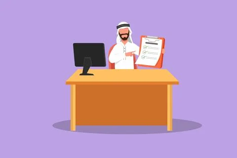 Character flat drawing smiling banking clerk showing bank credit, loan cont.. Stock Illustration