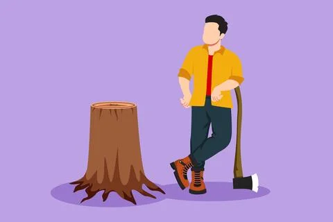 Character flat drawing smiling lumberjack wearing workwear, standing with a.. Ilustração Stock