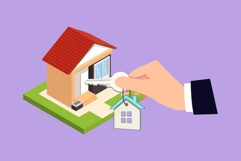 Character flat drawing stylized man hand insert key into keyhole house. Ope.. Stock Illustration