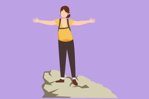 Character flat drawing successful climber woman stands with arms outstretch.. Stock Illustration