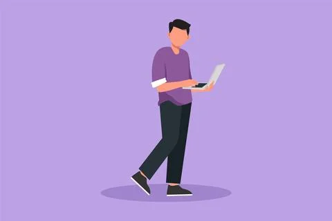 Character flat drawing successful young businessman standing and using lapt.. Stock Illustration