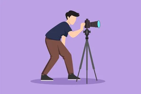 Character flat drawing super equipment photographer. Young man holding and .. Stock Illustration