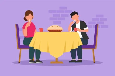 Character flat drawing tea time with cake. Happy young couple sitting and t.. Ilustração Stock