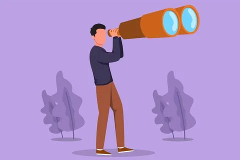 Character flat drawing of tourist man looking through huge binoculars far a.. Stock Illustration