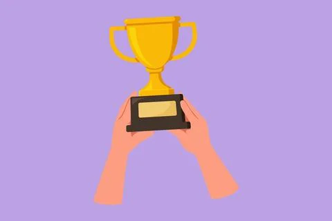 Character flat drawing trophy held by both hands. Athlete hand lifting vict.. Stock Illustration
