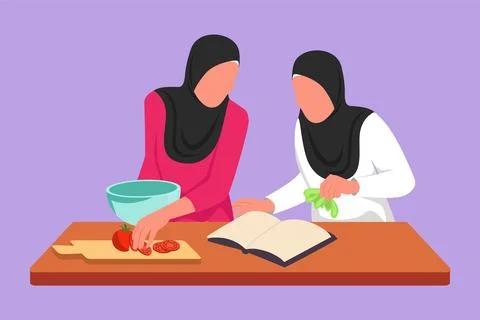 Character flat drawing two Arab woman cooking meal while reading tutorial b.. Stock Illustration