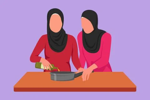 Character flat drawing two Arab woman pouring cooking oil from bottle into .. Ilustração Stock