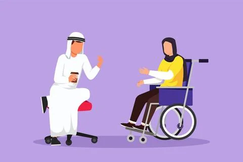 Character flat drawing of two Arab people sitting chatting, one using chair.. イラスト素材
