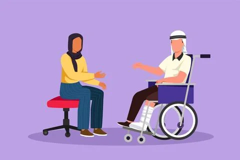 Character flat drawing two Arab people sitting chatting, one using chair, o.. Stock Illustration