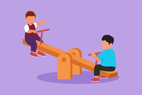 Character flat drawing two little boys swinging on seesaw at outdoor ground.. Stock Illustration