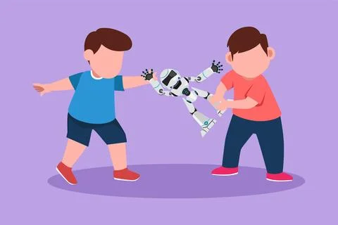 Character flat drawing two little boys fighting over a robot toys. Conflict.. Stock Illustration