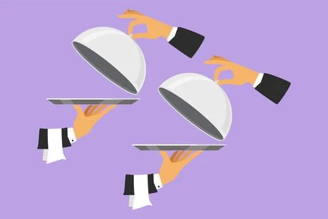 Character flat drawing two open tray cloche in hand symbol. Restaurant plat.. Stock Illustration