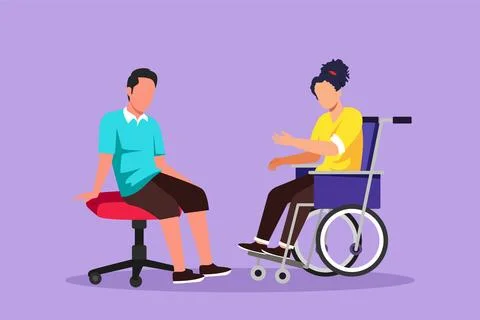 Character flat drawing two people sitting chatting, one using chair and one.. Stock Illustration