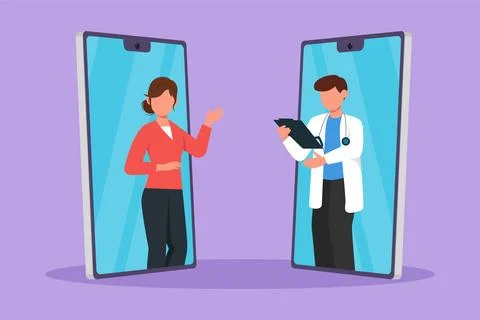 Character flat drawing two smartphone face to face contain young female pat.. Stock Illustration
