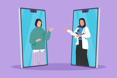 Character flat drawing two smartphone face to face contain Arabian female p.. Stock Illustration