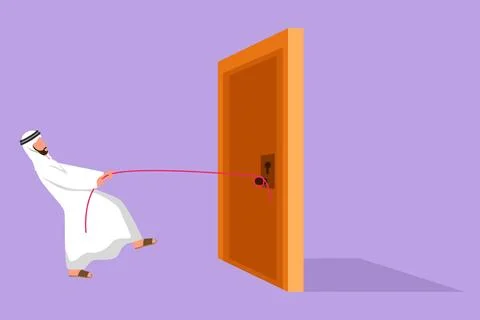 Character flat drawing young Arab businessman pulling door with rope, metap.. Stock Illustration