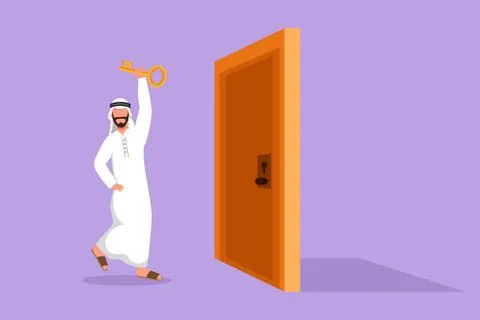 Character flat drawing young Arab businessman lifting key in front of door... Stock Illustration