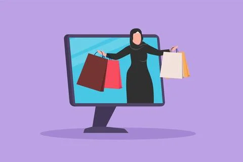 Character flat drawing young Arab woman coming out of monitor computer scre.. Stock Illustration