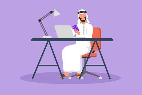 Character flat drawing young Arab man sitting on chair and typing entering .. Stock Illustration
