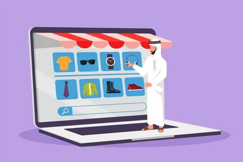 Character flat drawing young Arab man choosing shopping items on a giant la.. Stock Illustration