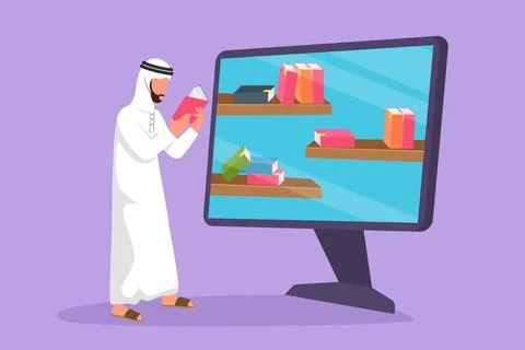 Character flat drawing young Arab male student reading book while standing .. Stock Illustration