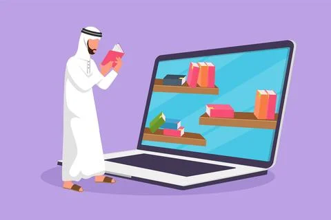 Character flat drawing young Arab man college student reading book while st.. Stock Illustration
