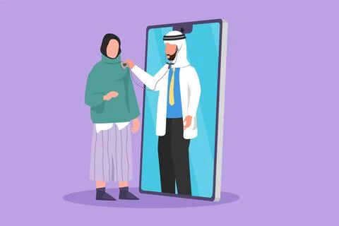 Character flat drawing young Arab male doctor come out of smartphone screen.. Stock Illustration