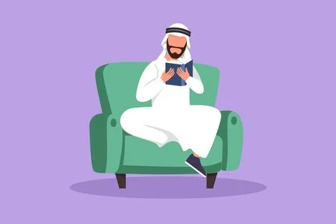 Character flat drawing young Arab man reading book sitting on couch. Concep.. 스톡 일러스트