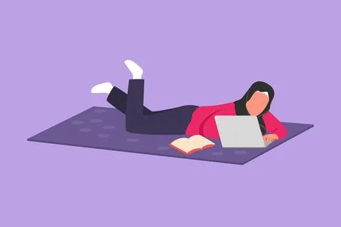 Character flat drawing young Arab female character lying on floor and typin.. Stock Illustration