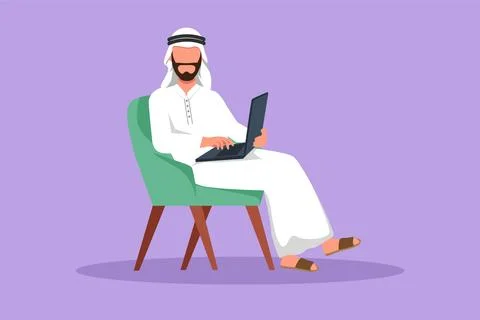 Character flat drawing young Arab male with laptop sitting on chair. Busine.. Stock Illustration