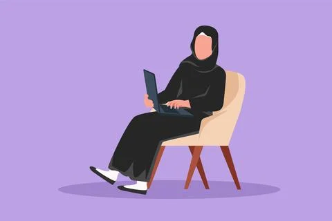 Character flat drawing young Arab female character working on laptop from h.. Illustrazione stock