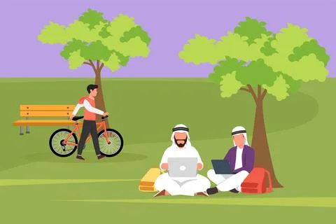 Character flat drawing young Arab businessman using laptop and sitting on g.. Stock Illustration