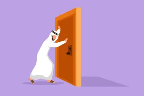 Character flat drawing of young Arabian businessman pushes closed wooden do.. イラスト素材