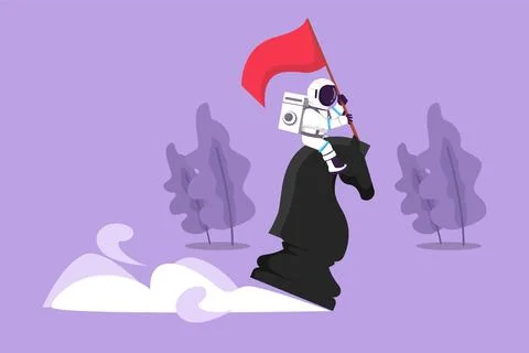Character flat drawing of young astronaut riding big chess horse knight and.. Stock Illustration
