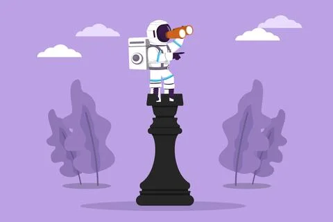 Character flat drawing young astronaut standing on top big rook chess piece.. Stock Illustration