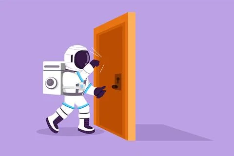 Character flat drawing young astronaut knocking at door in moon surface. Sp.. Stock Illustration