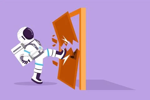 Character flat drawing young astronaut kicks the door until door shattered .. イラスト素材