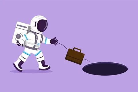 Character flat drawing of young astronaut throws briefcase into hole in moo.. 스톡 일러스트