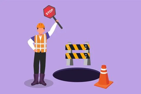 Character flat drawing young construction worker holding stop sign and stan.. Stock Illustration