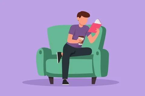 Character flat drawing young man student reading book lying on couch. Cozy .. Stock Illustration