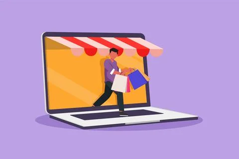 Character flat drawing young man coming out of laptop screen holding shoppi.. Stockillustratie