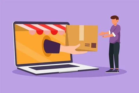 Character flat drawing young man receives package box from big hand that ca.. Ilustración de archivo