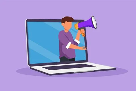 Character flat drawing young man coming out of laptop computer screen holdi.. Stock Illustration