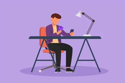 Character flat drawing young man sitting at desk and typing entering credit.. Illustrazione stock